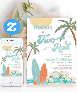 Retro Boy Surf Surfing 2nd Birthday Two Rad Party Invitation