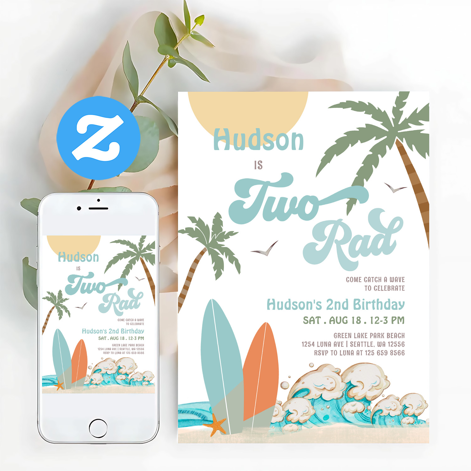 Retro Boy Surf Surfing 2nd Birthday Two Rad Party Invitation