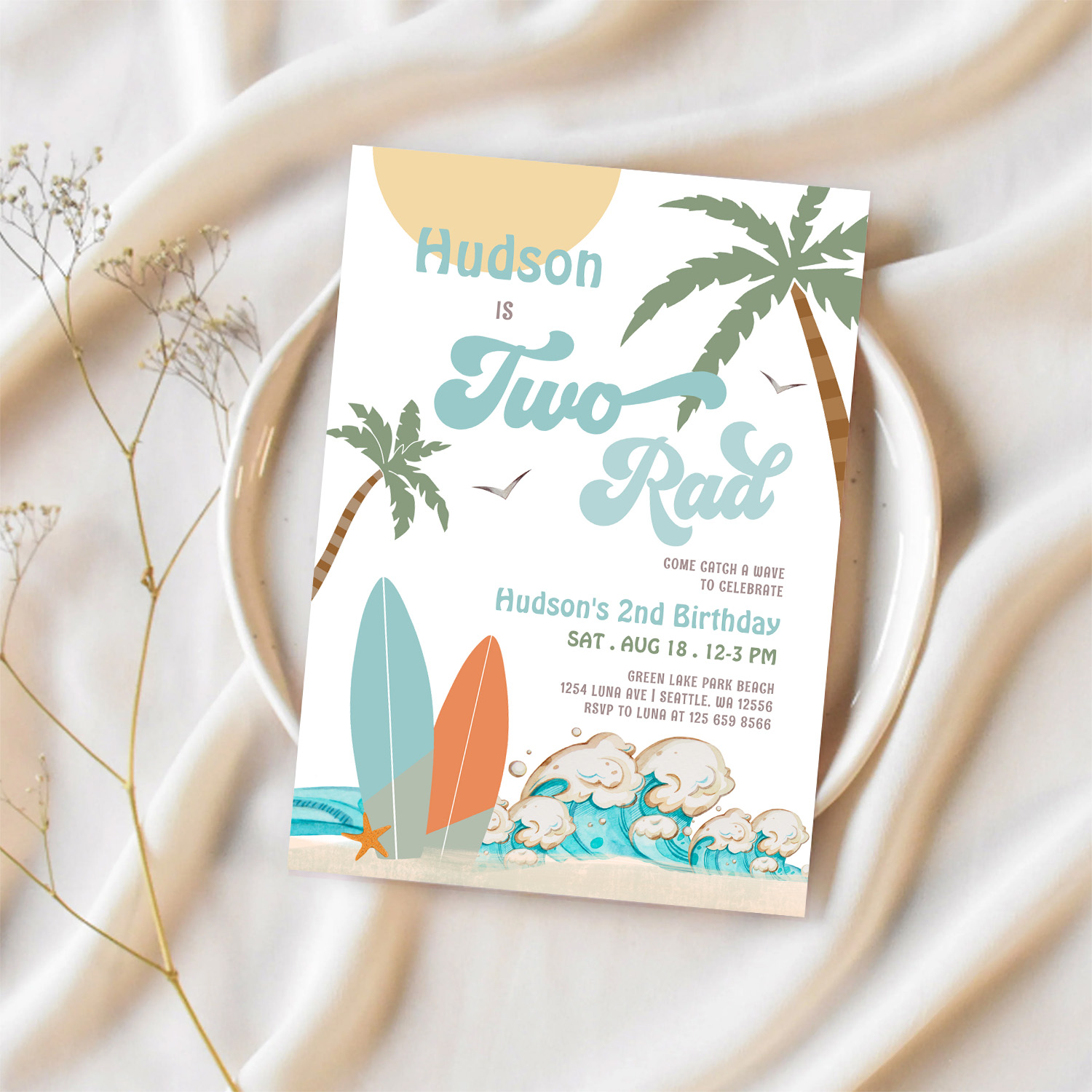 Retro Boy Surf Surfing 2nd Birthday Two Rad Party Invitation - Image 2