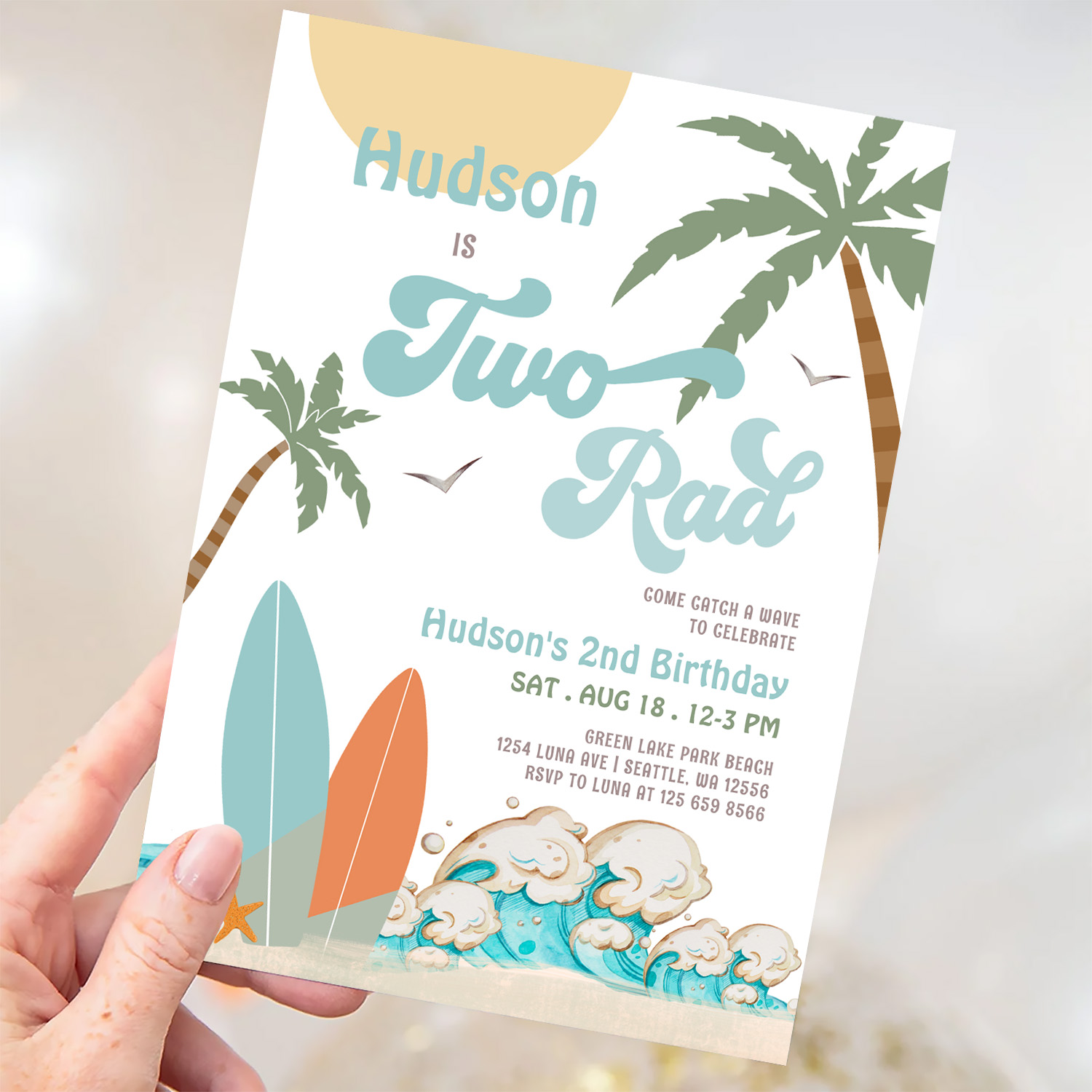 Retro Boy Surf Surfing 2nd Birthday Two Rad Party Invitation - Image 3