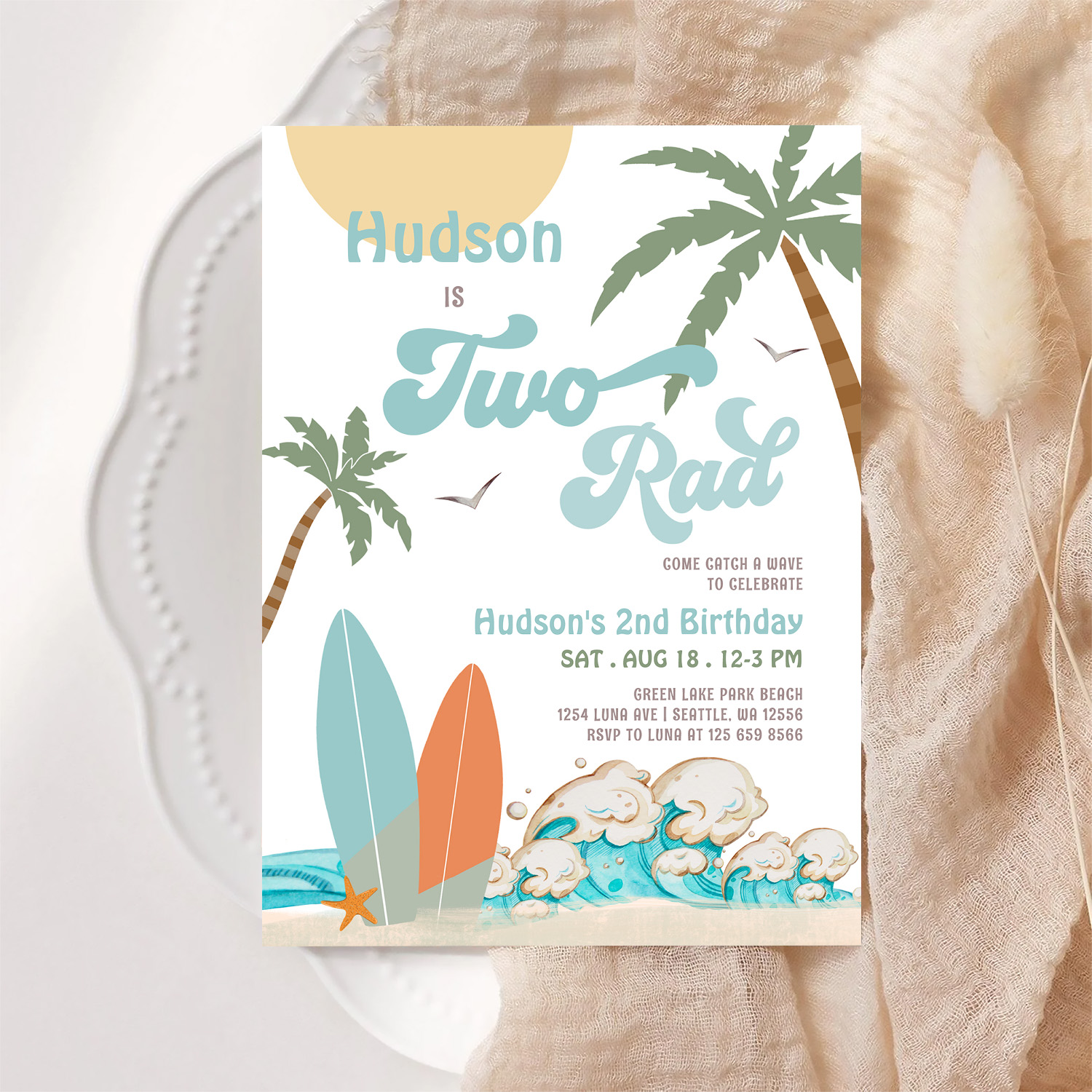 Retro Boy Surf Surfing 2nd Birthday Two Rad Party Invitation - Image 6