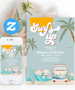 Retro Boy Surfs Up Surfing Birthday Party Invitation
