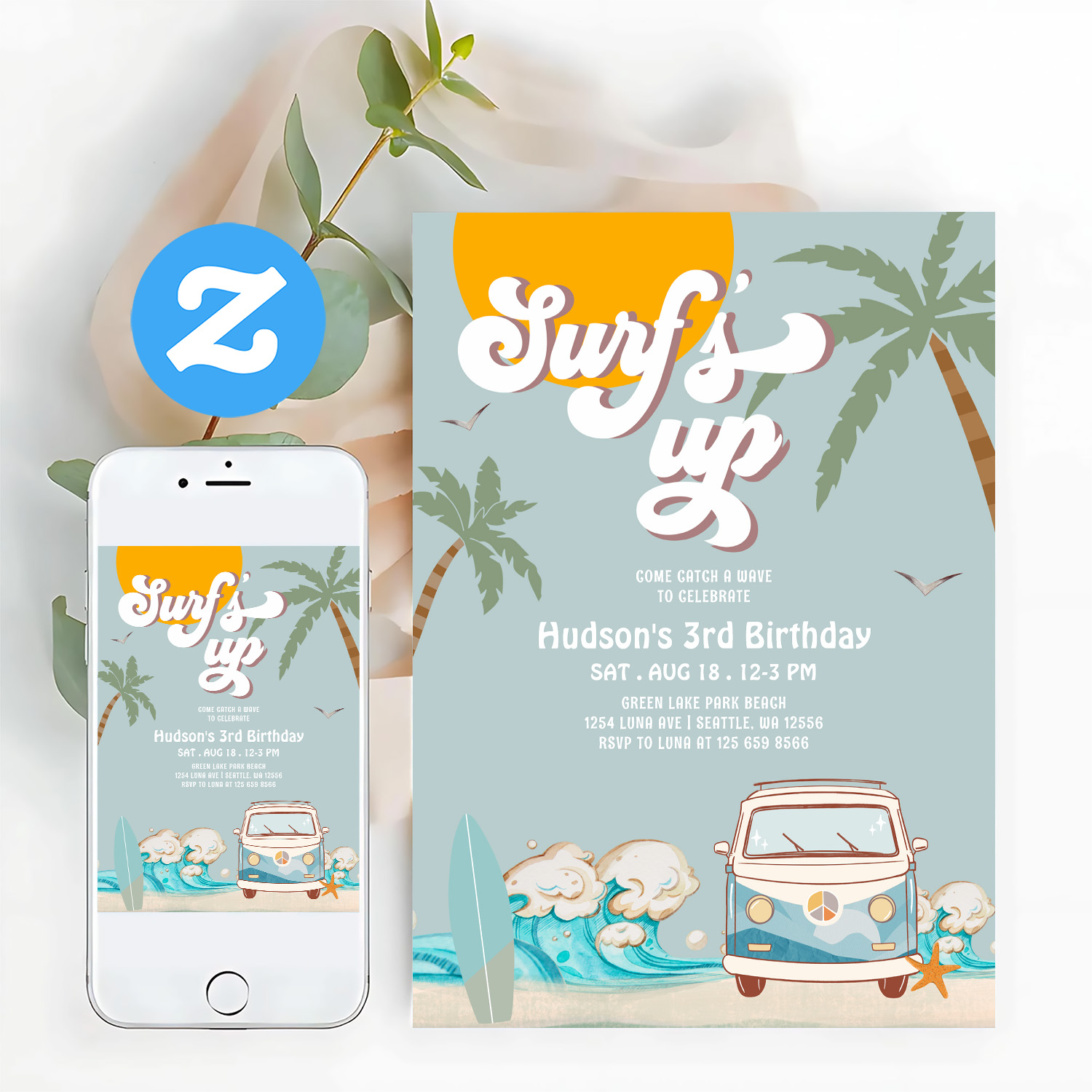 Retro Boy Surfs Up Surfing Birthday Party Invitation