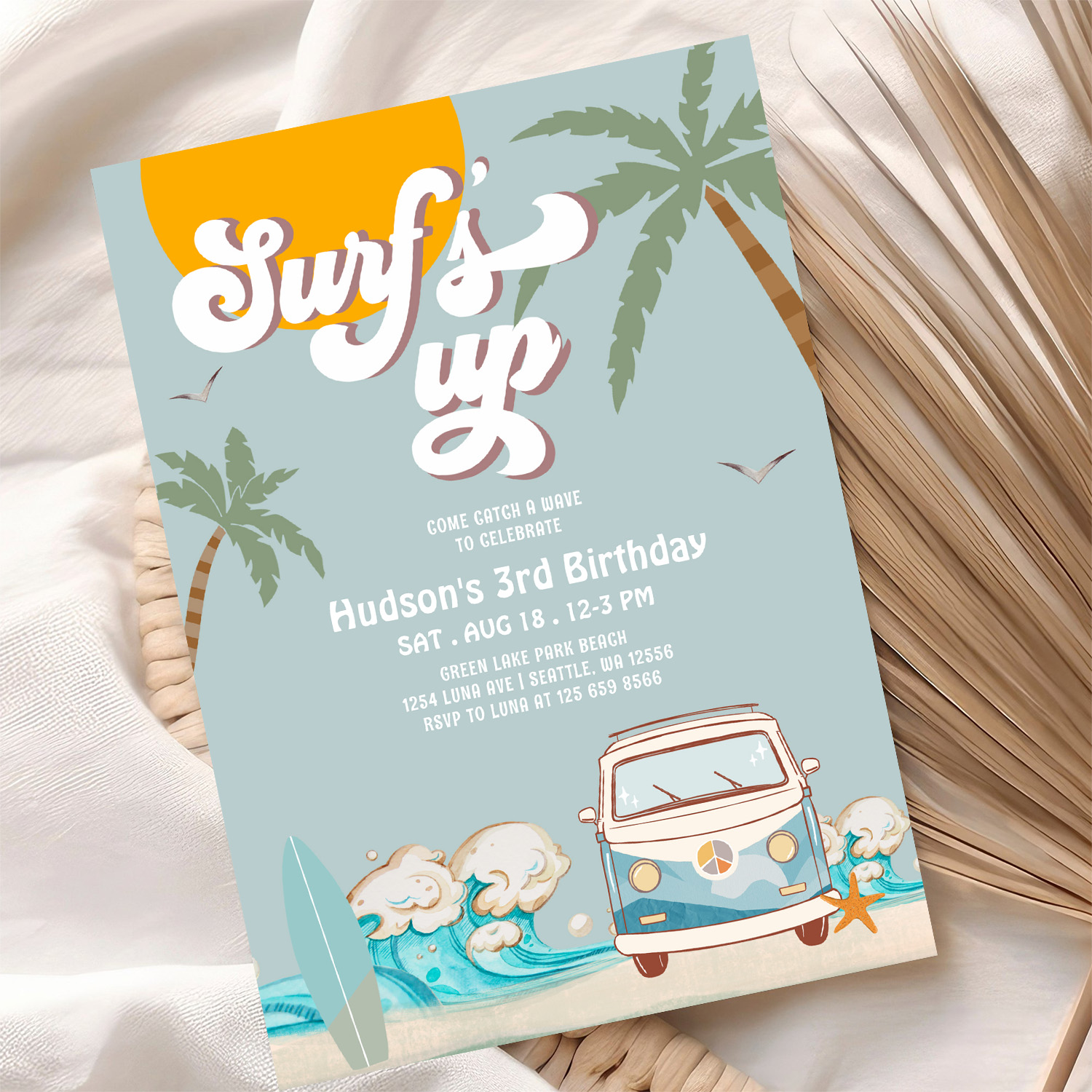 Retro Boy Surfs Up Surfing Birthday Party Invitation - Image 10