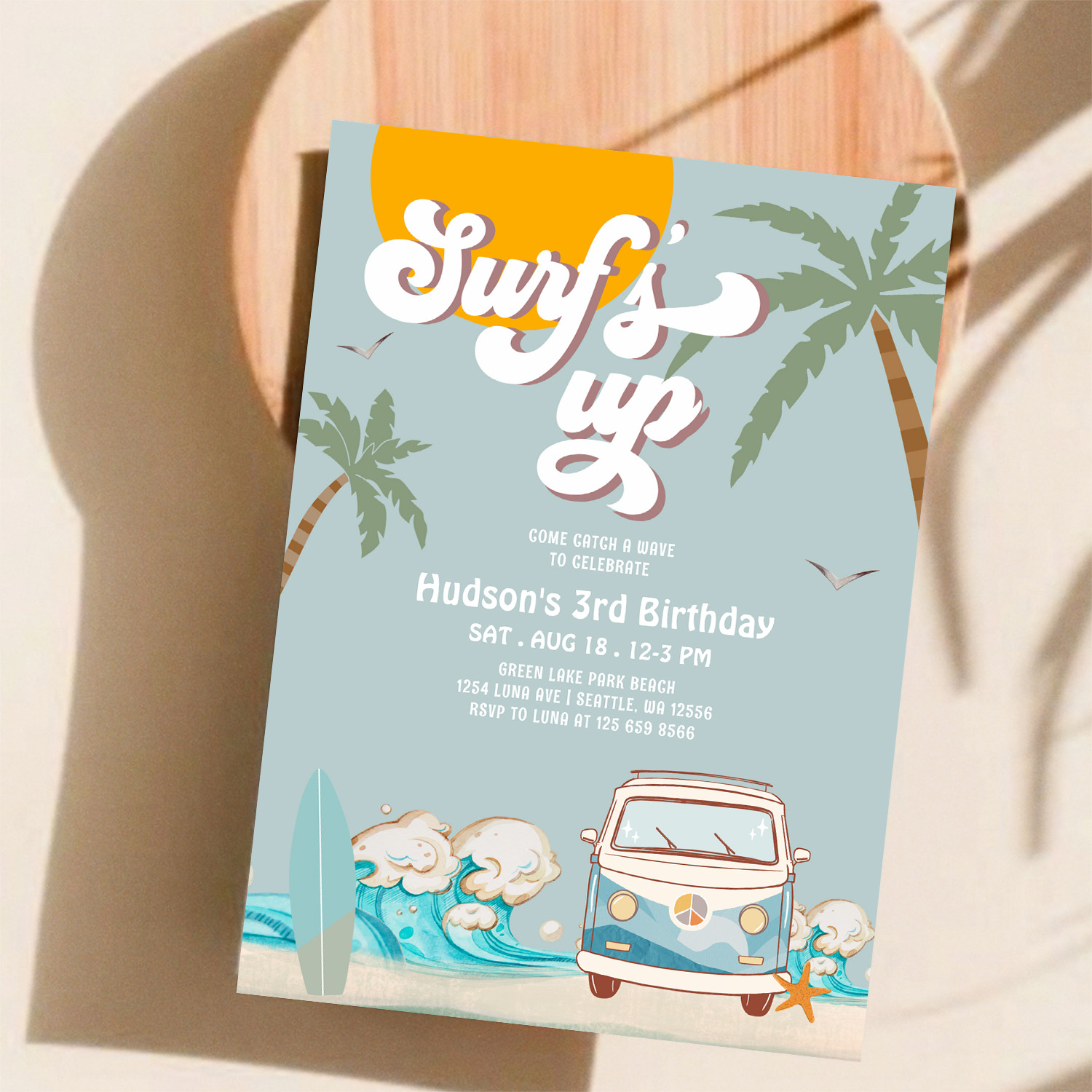 Retro Boy Surfs Up Surfing Birthday Party Invitation - Image 11