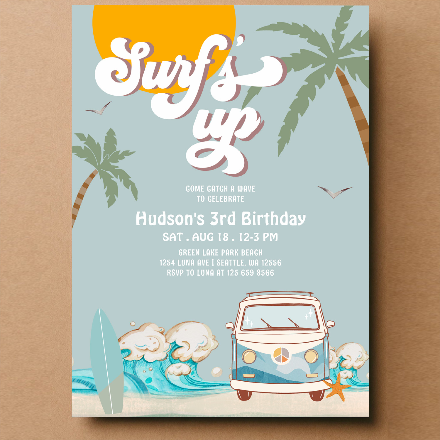 Retro Boy Surfs Up Surfing Birthday Party Invitation - Image 14