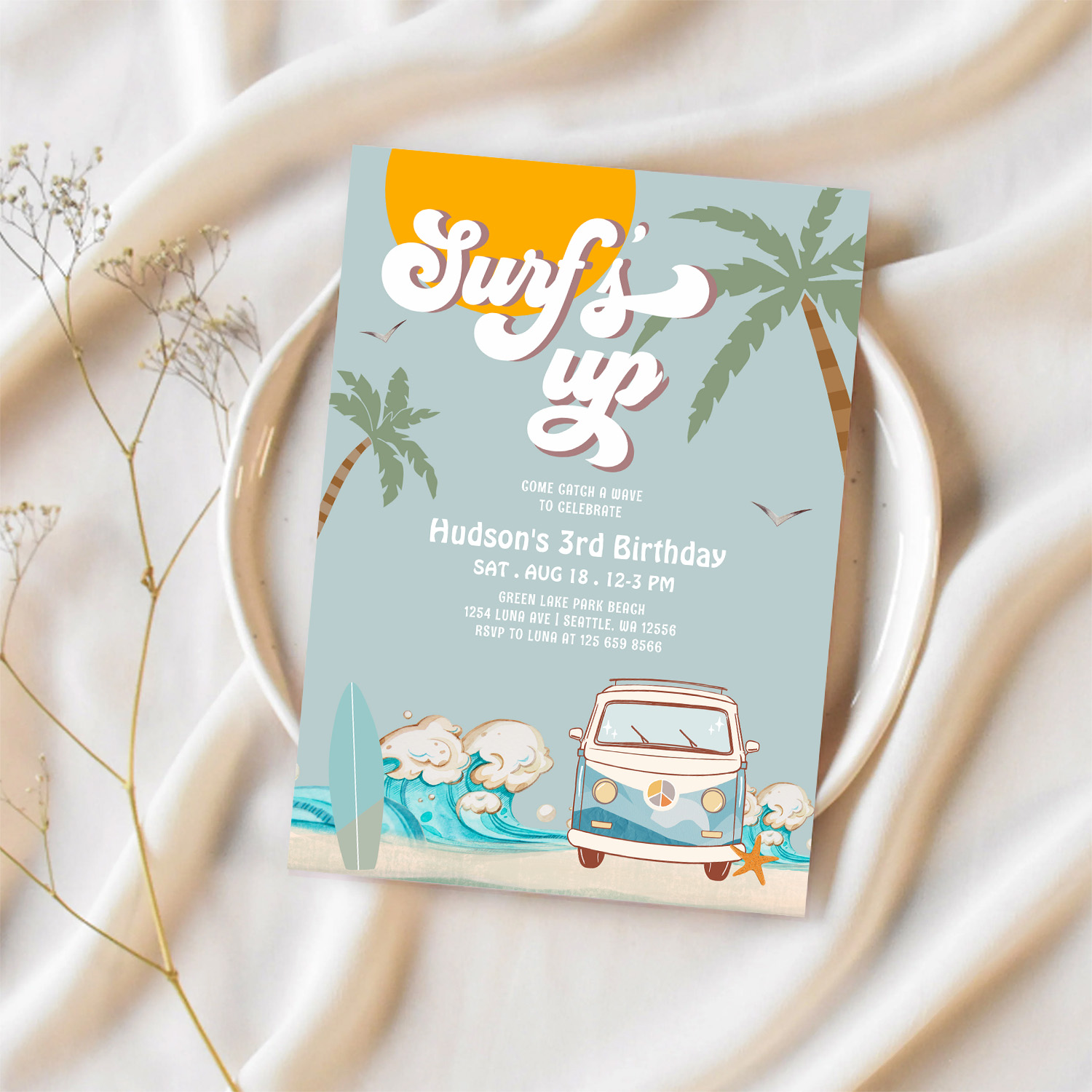 Retro Boy Surfs Up Surfing Birthday Party Invitation - Image 2