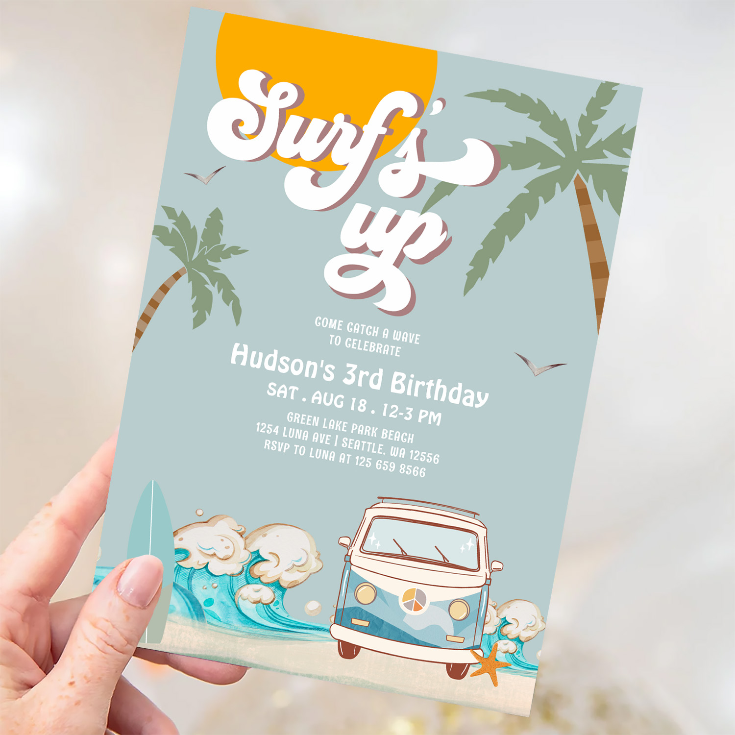 Retro Boy Surfs Up Surfing Birthday Party Invitation - Image 3