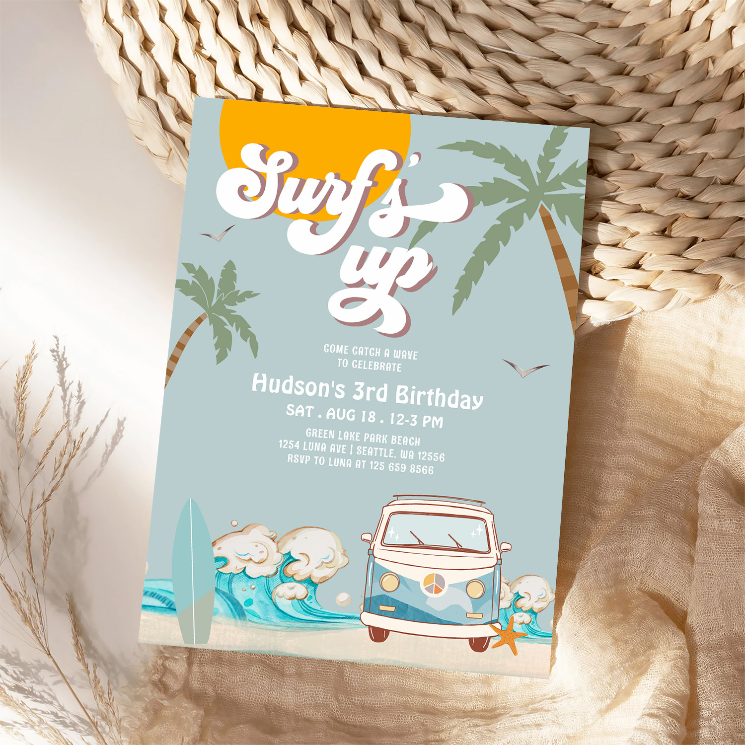 Retro Boy Surfs Up Surfing Birthday Party Invitation - Image 4