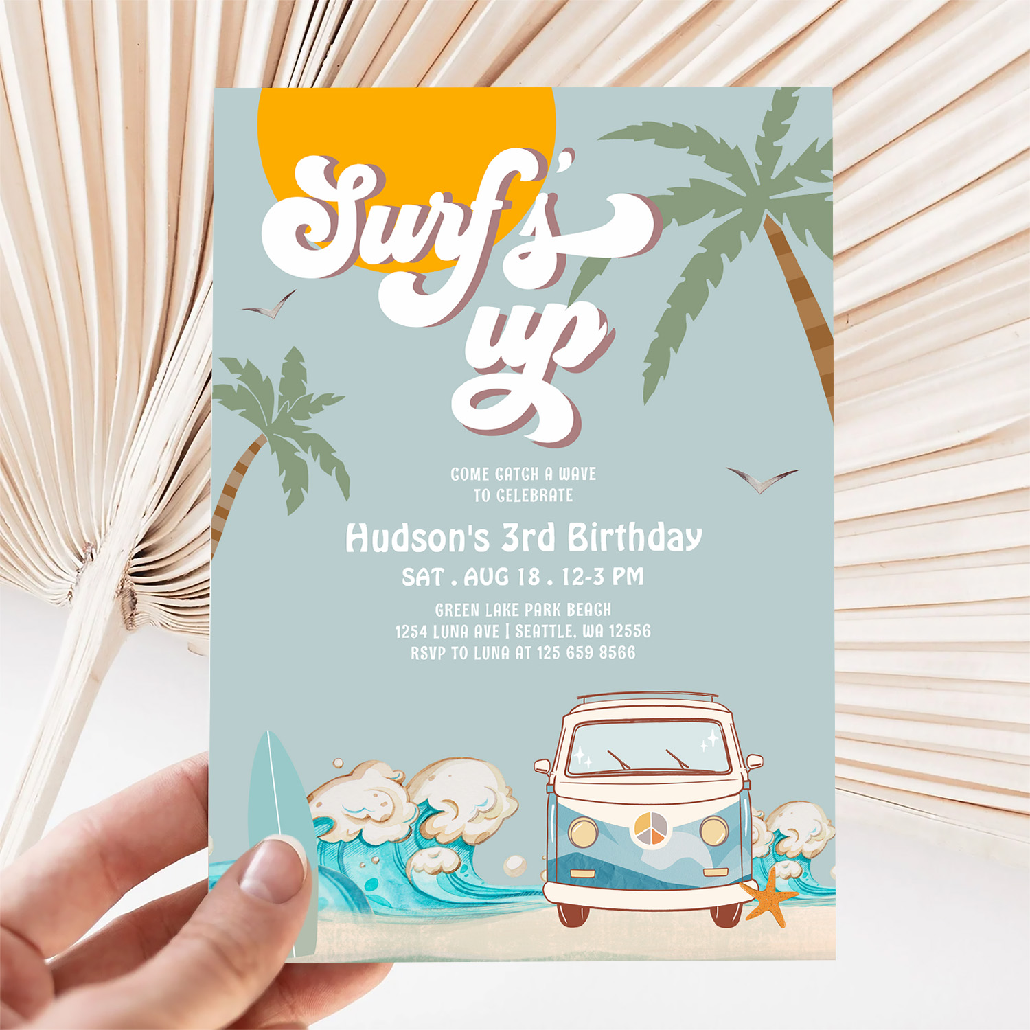 Retro Boy Surfs Up Surfing Birthday Party Invitation - Image 5