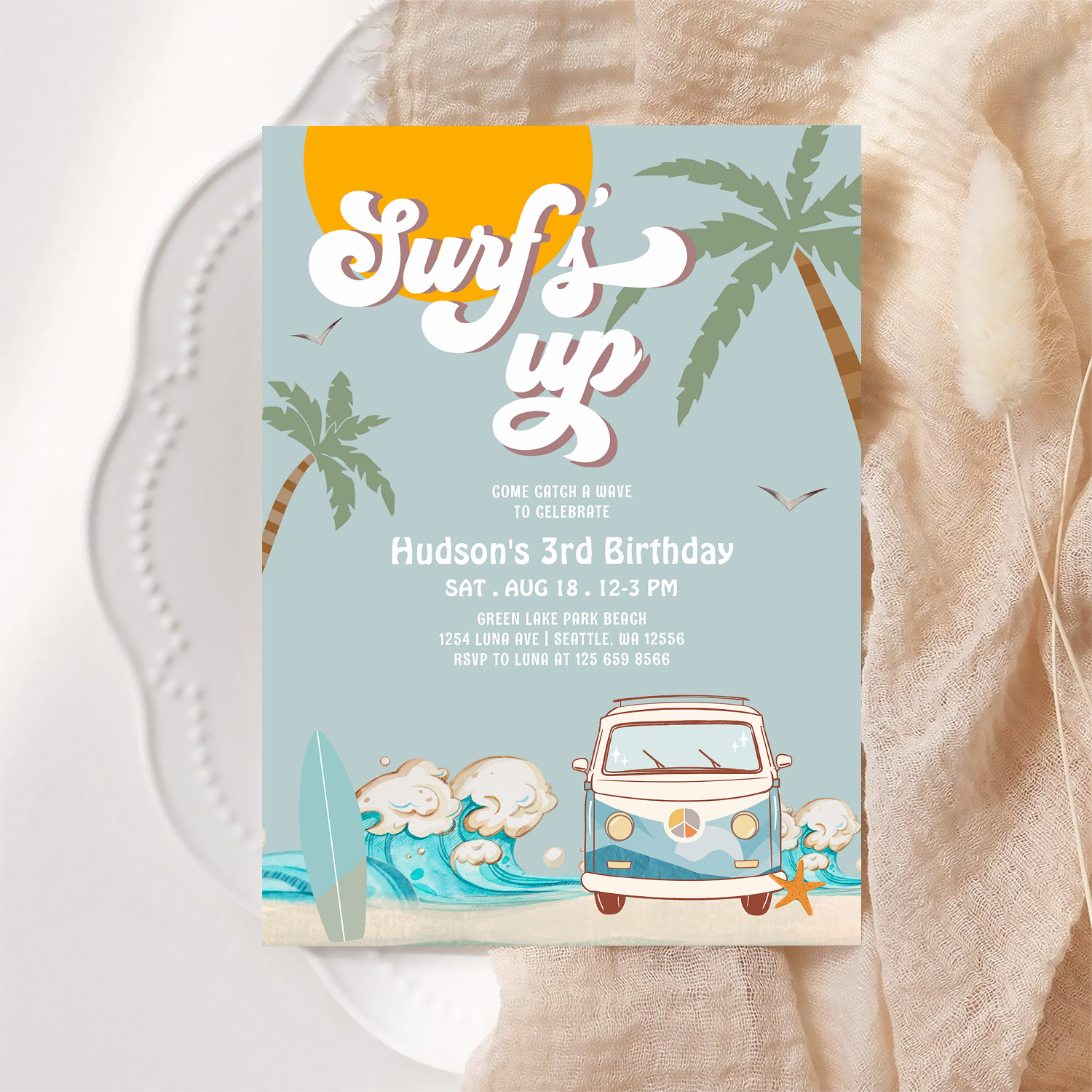Retro Boy Surfs Up Surfing Birthday Party Invitation - Image 6