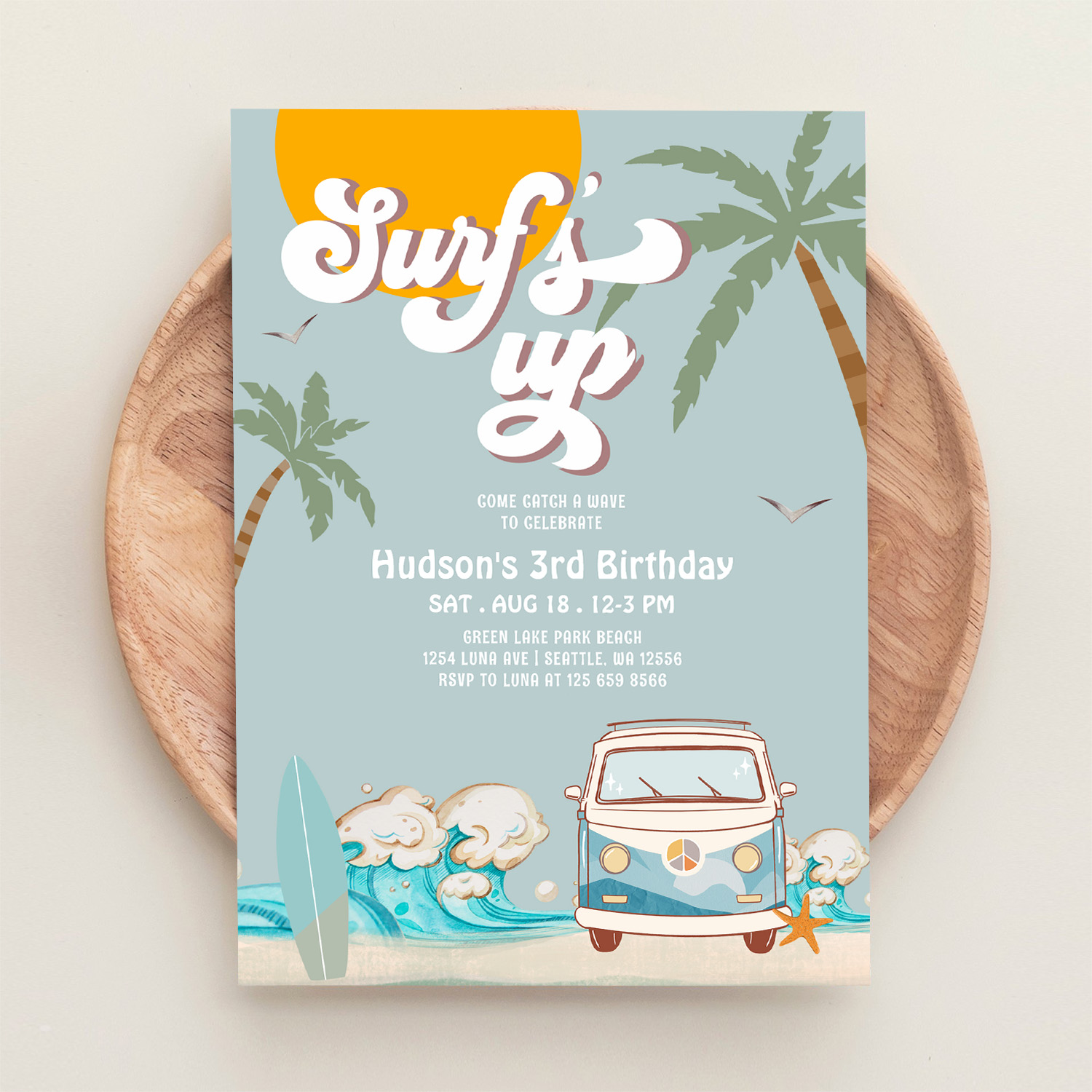 Retro Boy Surfs Up Surfing Birthday Party Invitation - Image 7