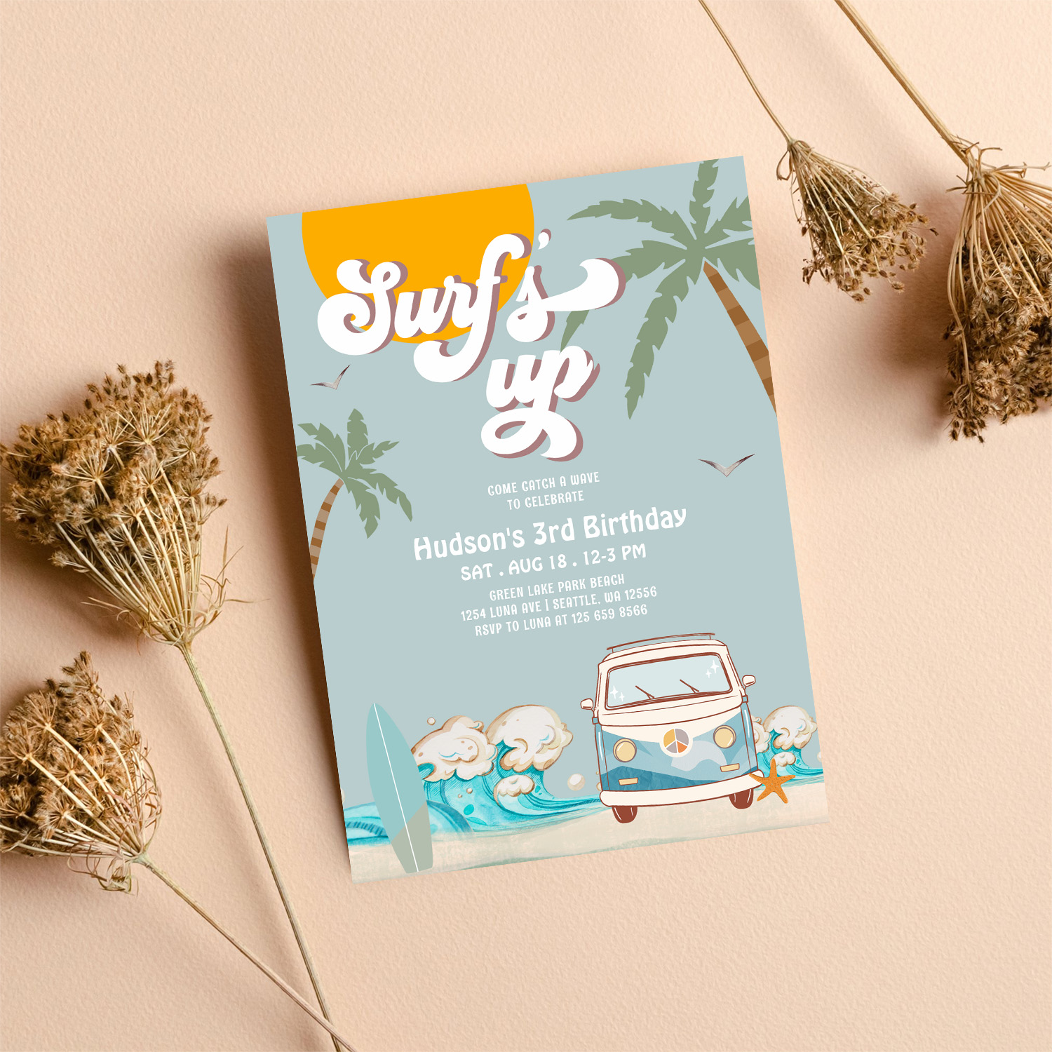 Retro Boy Surfs Up Surfing Birthday Party Invitation - Image 8