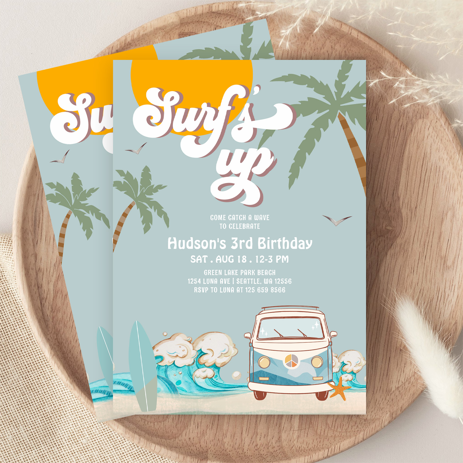 Retro Boy Surfs Up Surfing Birthday Party Invitation - Image 9