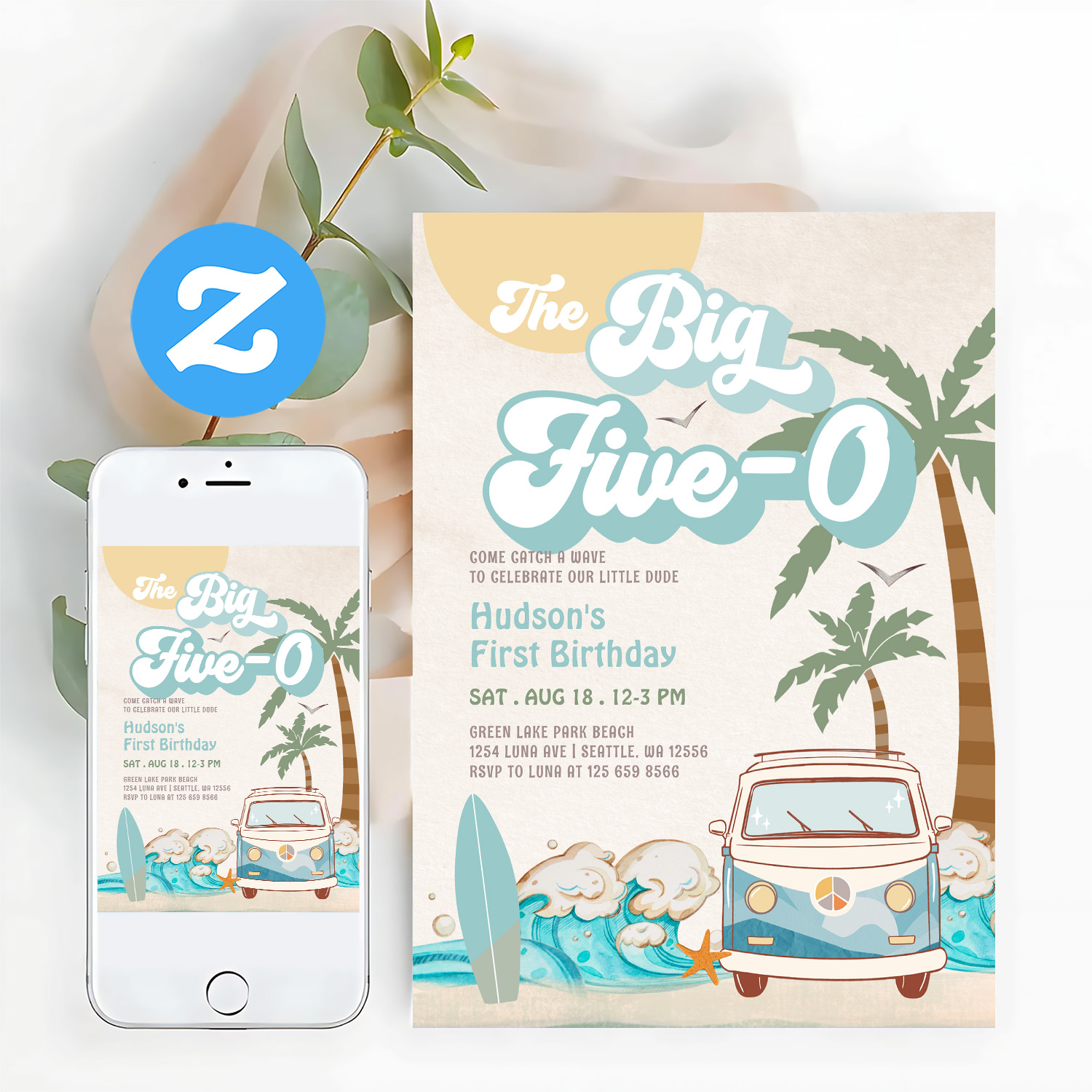 Retro Boy The Big Five 0 Surfing 50th Birthday Invitation