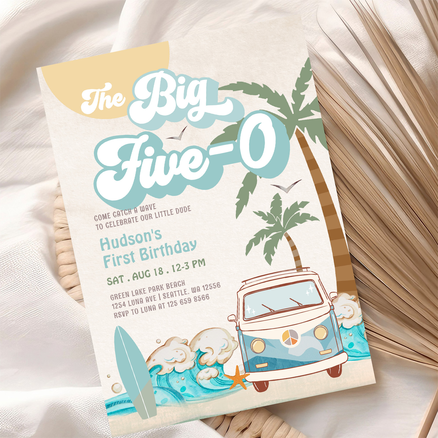 Retro Boy The Big Five 0 Surfing 50th Birthday Invitation - Image 10