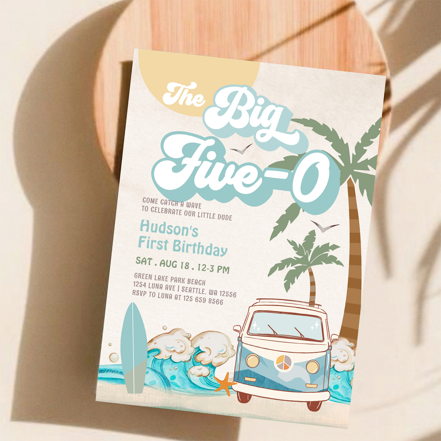 Retro Boy The Big Five 0 Surfing 50th Birthday Invitation - Image 11