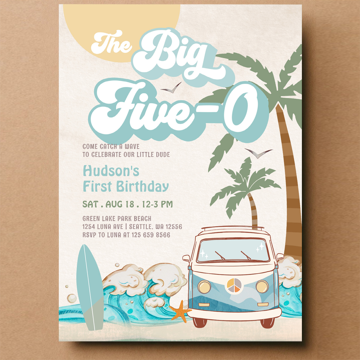 Retro Boy The Big Five 0 Surfing 50th Birthday Invitation - Image 14