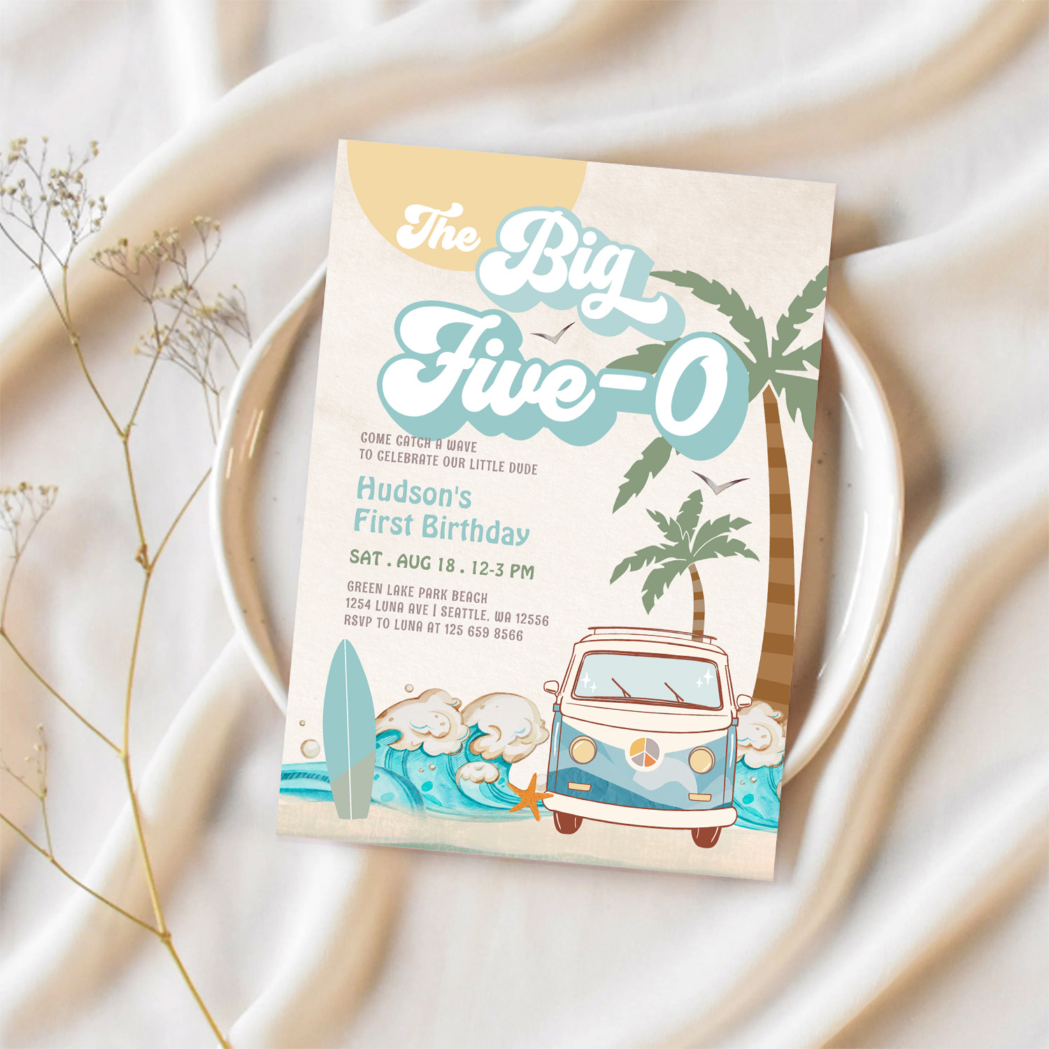 Retro Boy The Big Five 0 Surfing 50th Birthday Invitation - Image 2