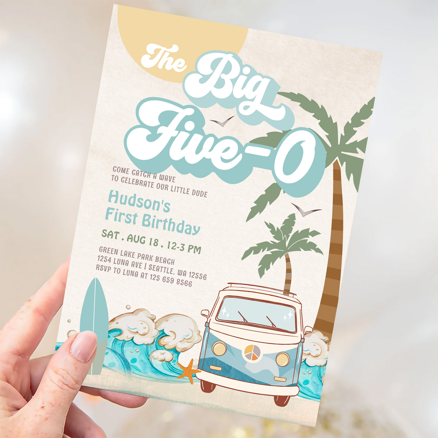 Retro Boy The Big Five 0 Surfing 50th Birthday Invitation - Image 3