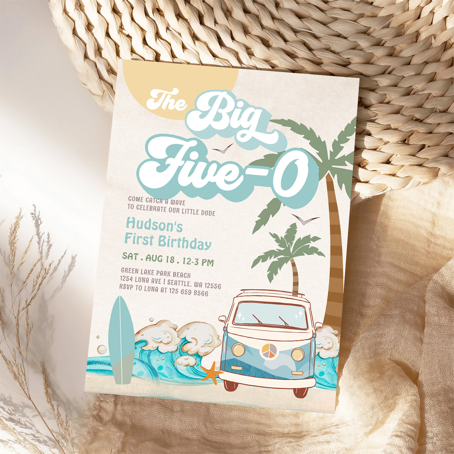 Retro Boy The Big Five 0 Surfing 50th Birthday Invitation - Image 4
