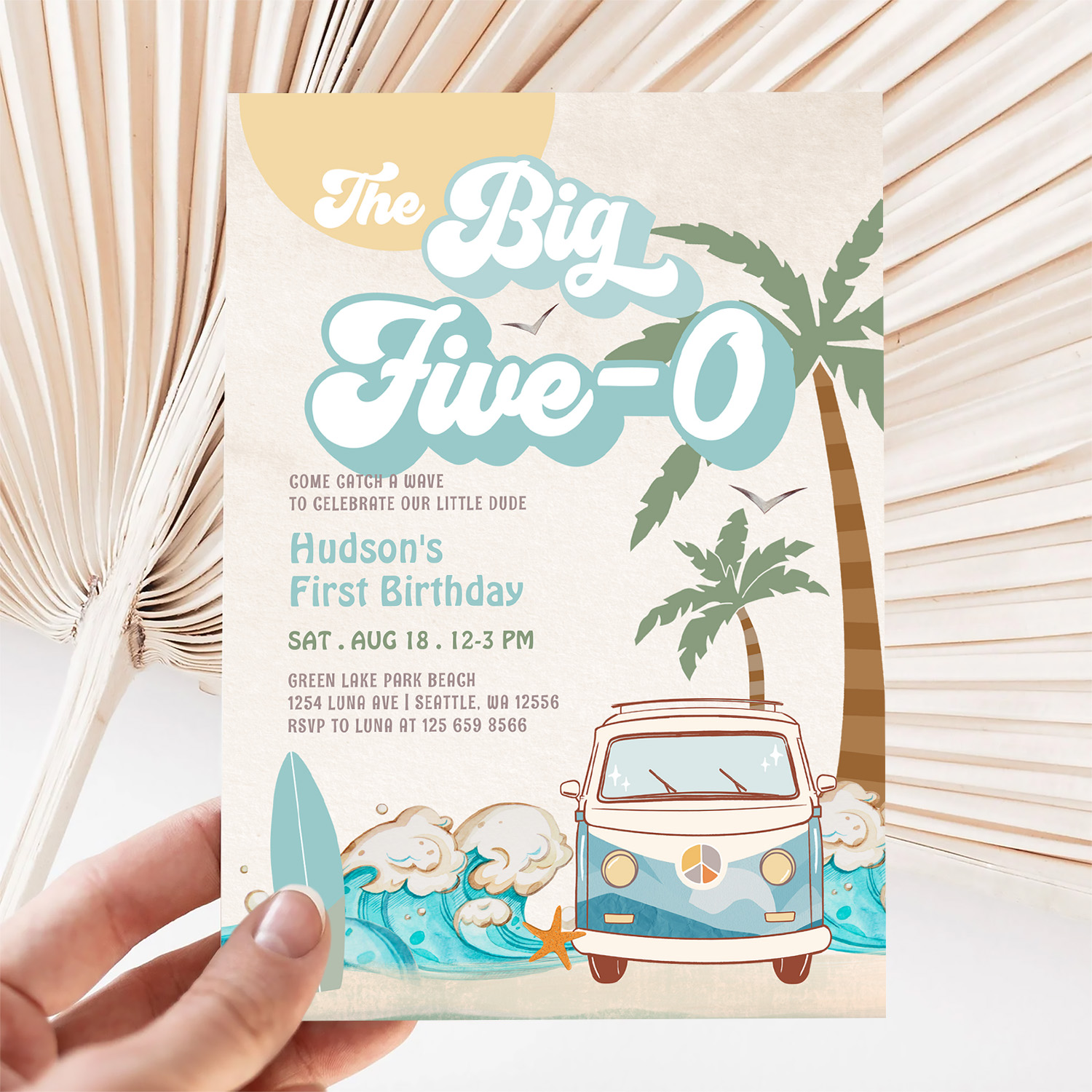 Retro Boy The Big Five 0 Surfing 50th Birthday Invitation - Image 5