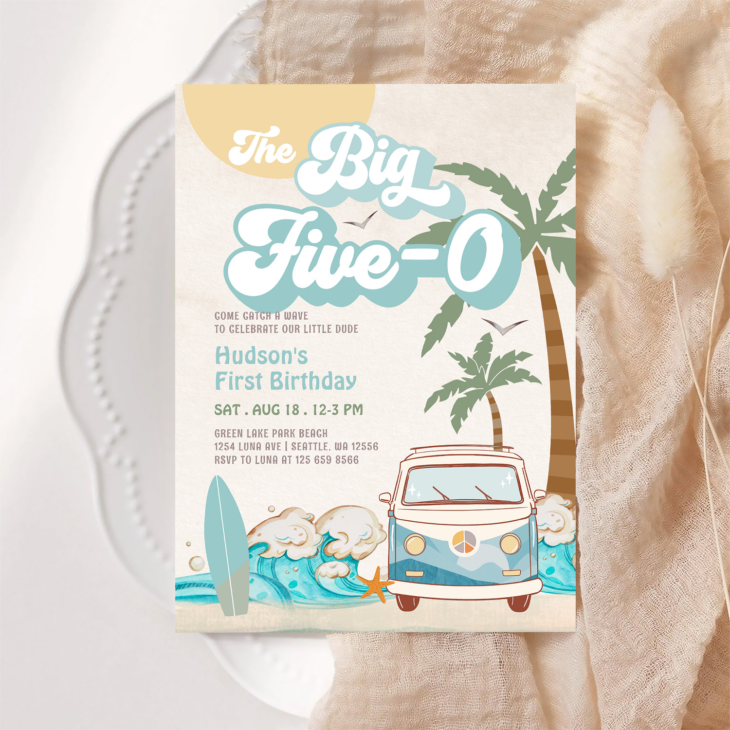 Retro Boy The Big Five 0 Surfing 50th Birthday Invitation - Image 6