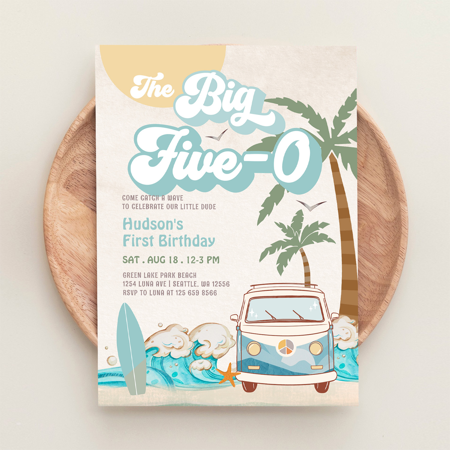 Retro Boy The Big Five 0 Surfing 50th Birthday Invitation - Image 7