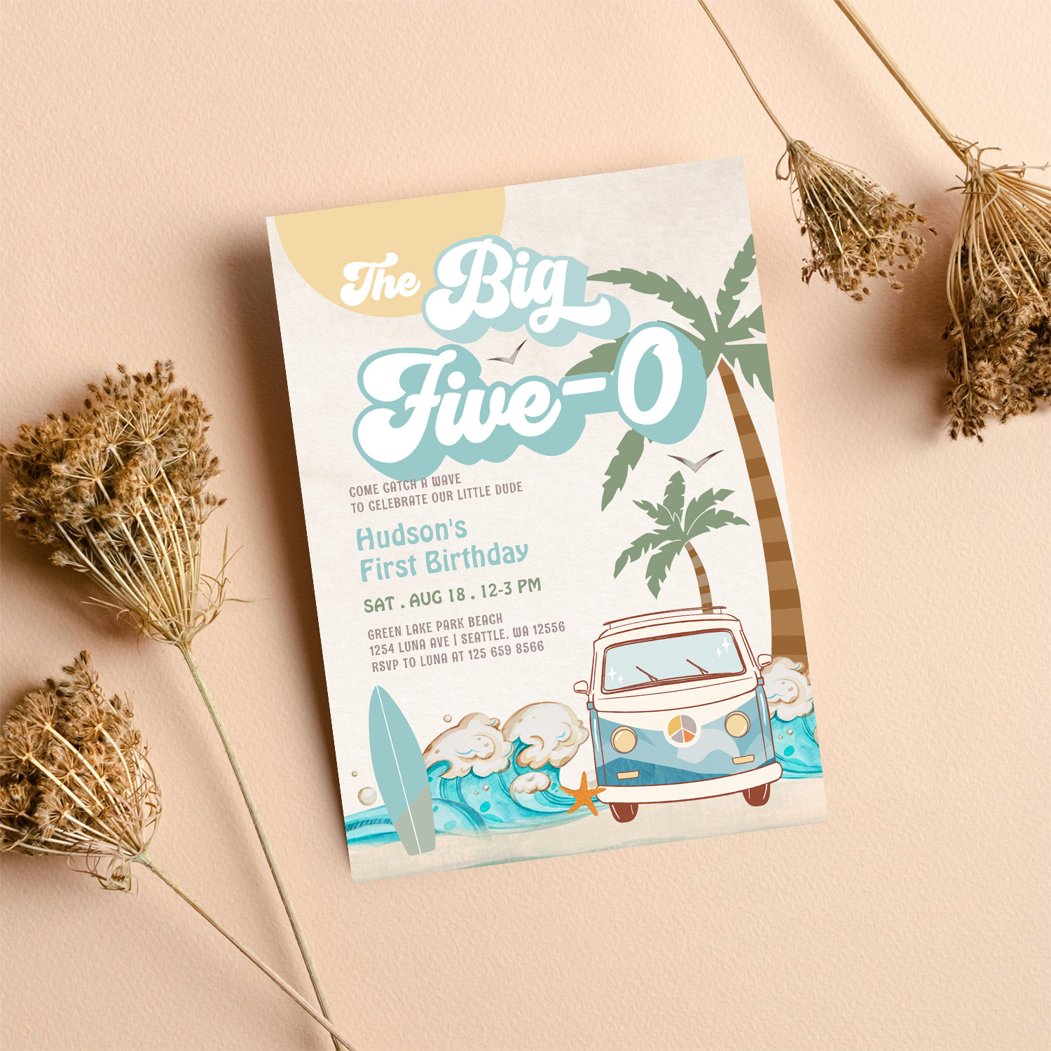 Retro Boy The Big Five 0 Surfing 50th Birthday Invitation - Image 8