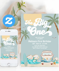 Retro Boy The Big One Surfing 1st Birthday Invitation
