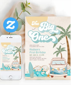 Retro Boy The Big One Surfing 1st Birthday Party Invitation