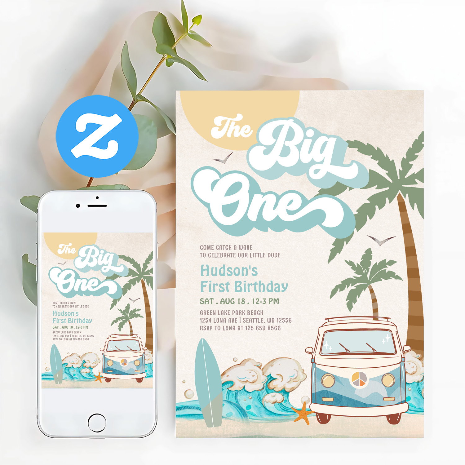 Retro Boy The Big One Surfing 1st Birthday Party Invitation