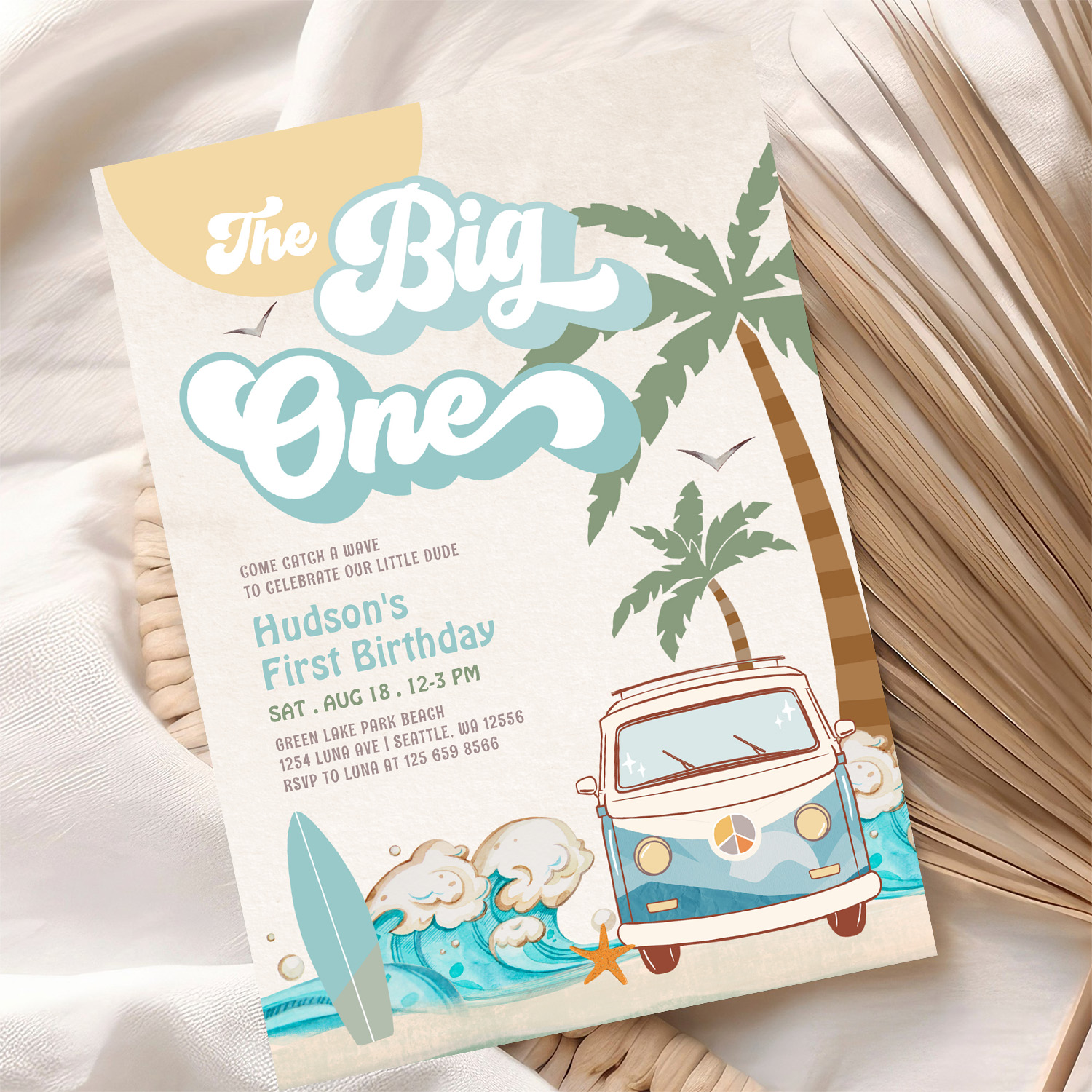 Retro Boy The Big One Surfing 1st Birthday Party Invitation - Image 10
