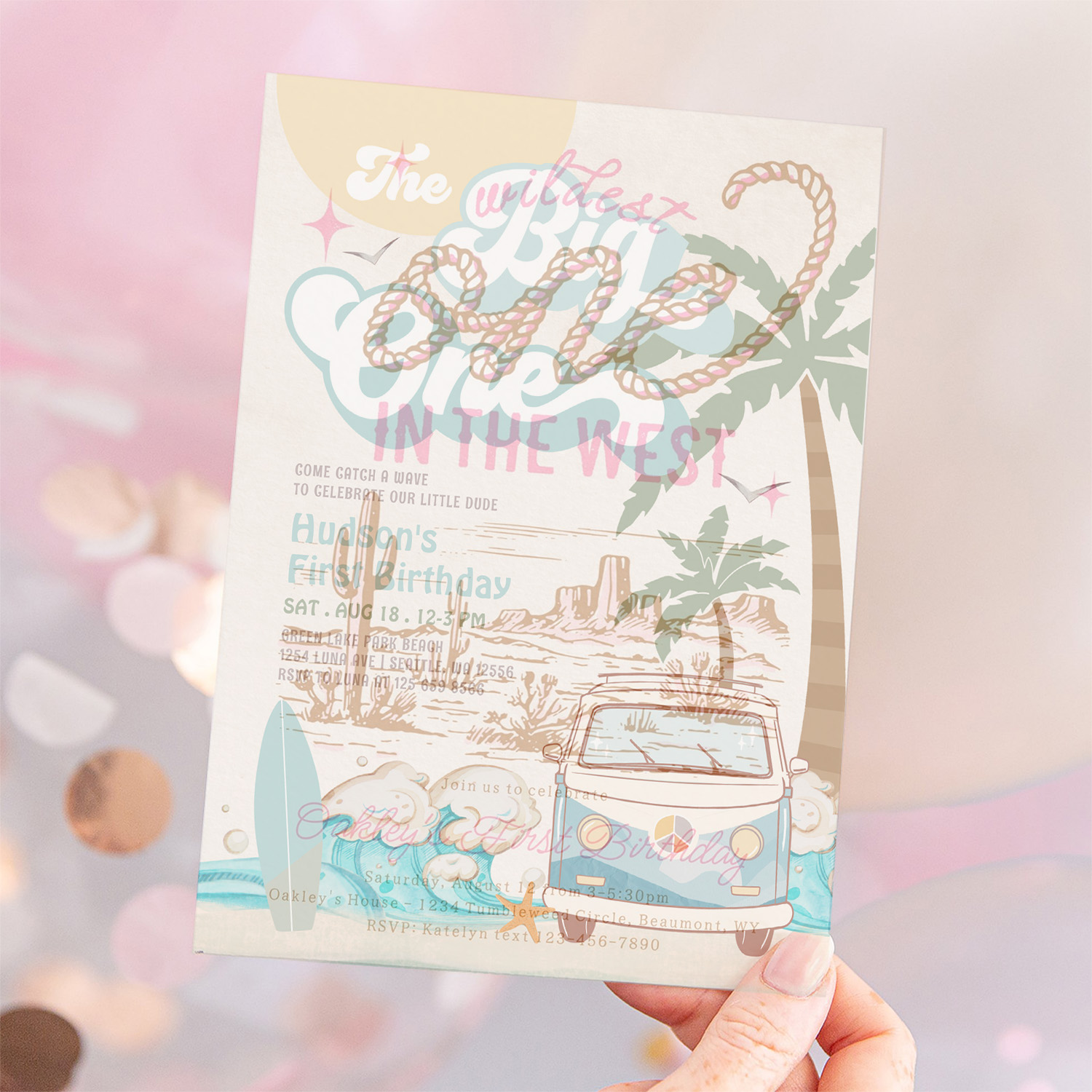 Retro Boy The Big One Surfing 1st Birthday Party Invitation - Image 12