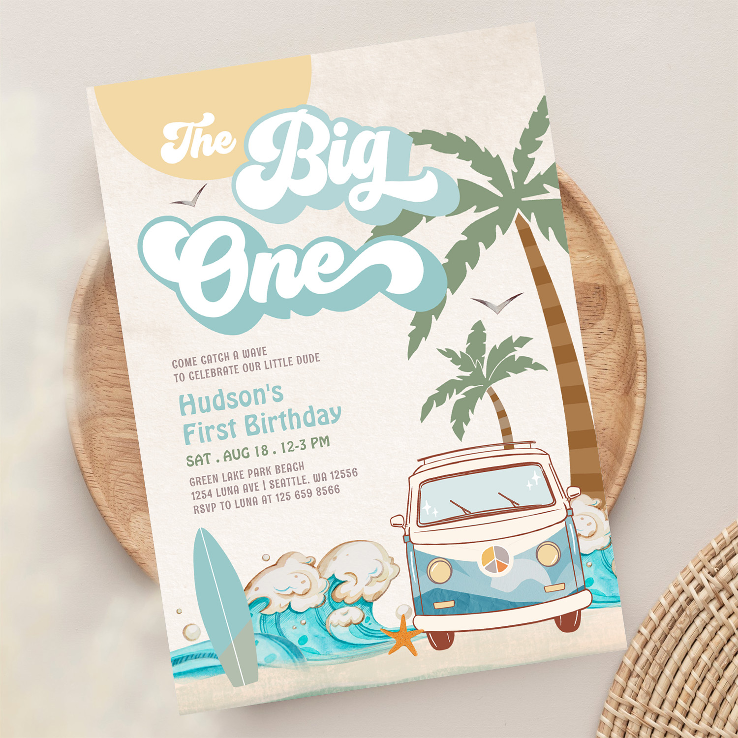 Retro Boy The Big One Surfing 1st Birthday Party Invitation - Image 13