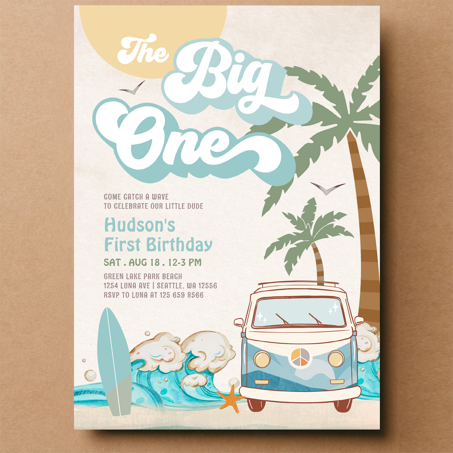 Retro Boy The Big One Surfing 1st Birthday Party Invitation - Image 14