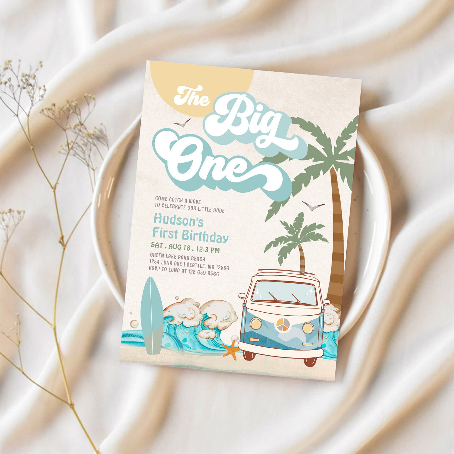 Retro Boy The Big One Surfing 1st Birthday Party Invitation - Image 2