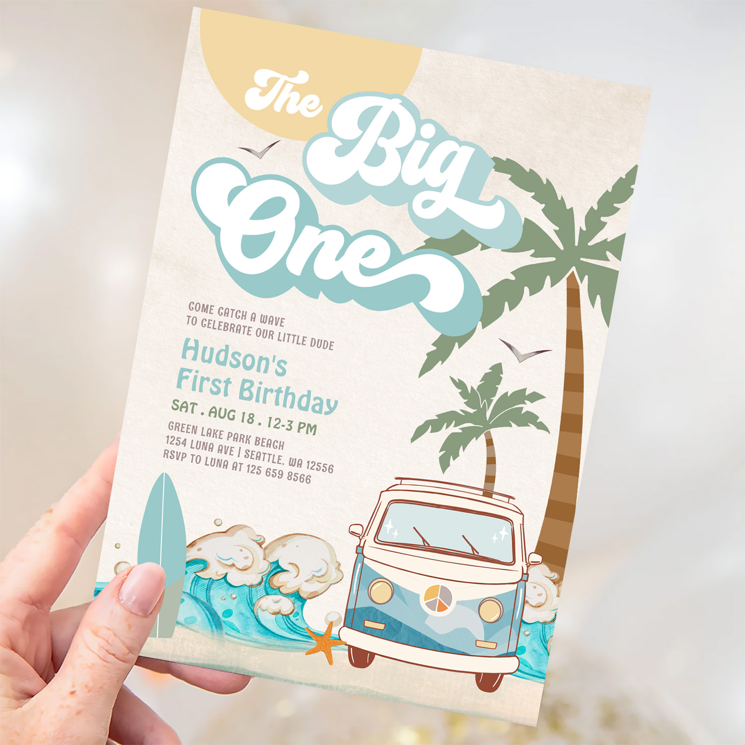 Retro Boy The Big One Surfing 1st Birthday Party Invitation - Image 3