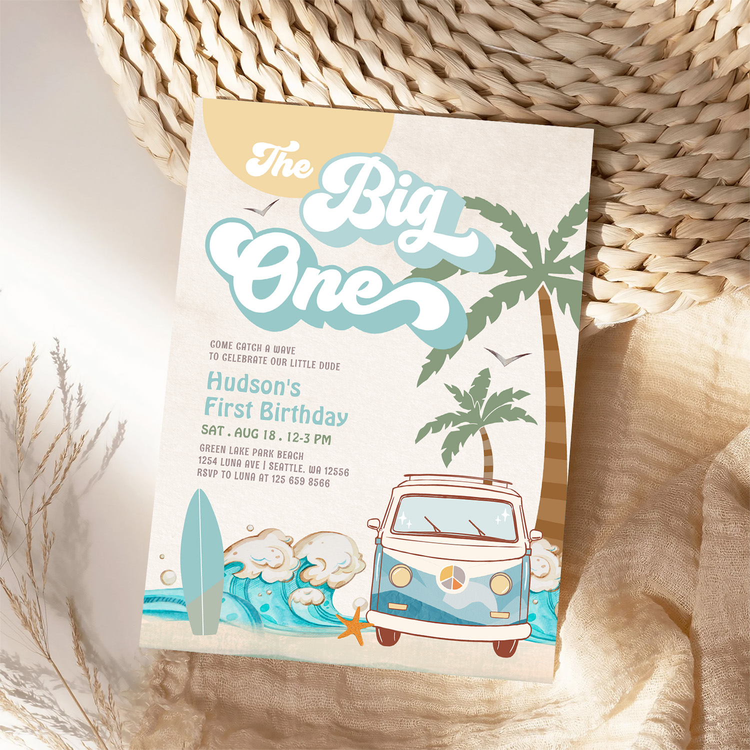 Retro Boy The Big One Surfing 1st Birthday Party Invitation - Image 4