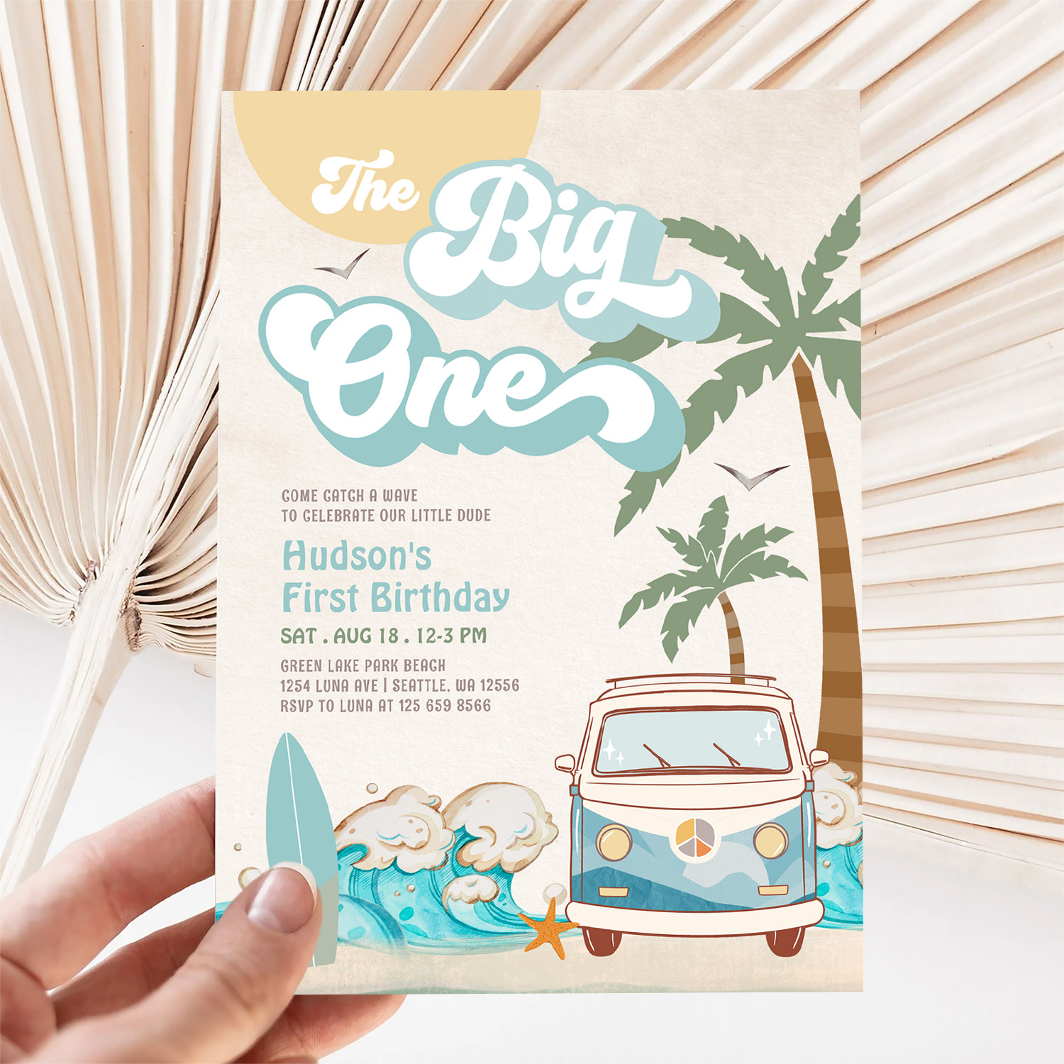 Retro Boy The Big One Surfing 1st Birthday Party Invitation - Image 5