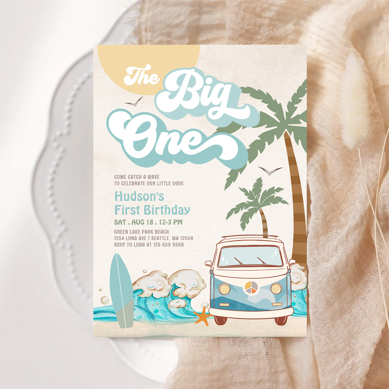 Retro Boy The Big One Surfing 1st Birthday Party Invitation - Image 6