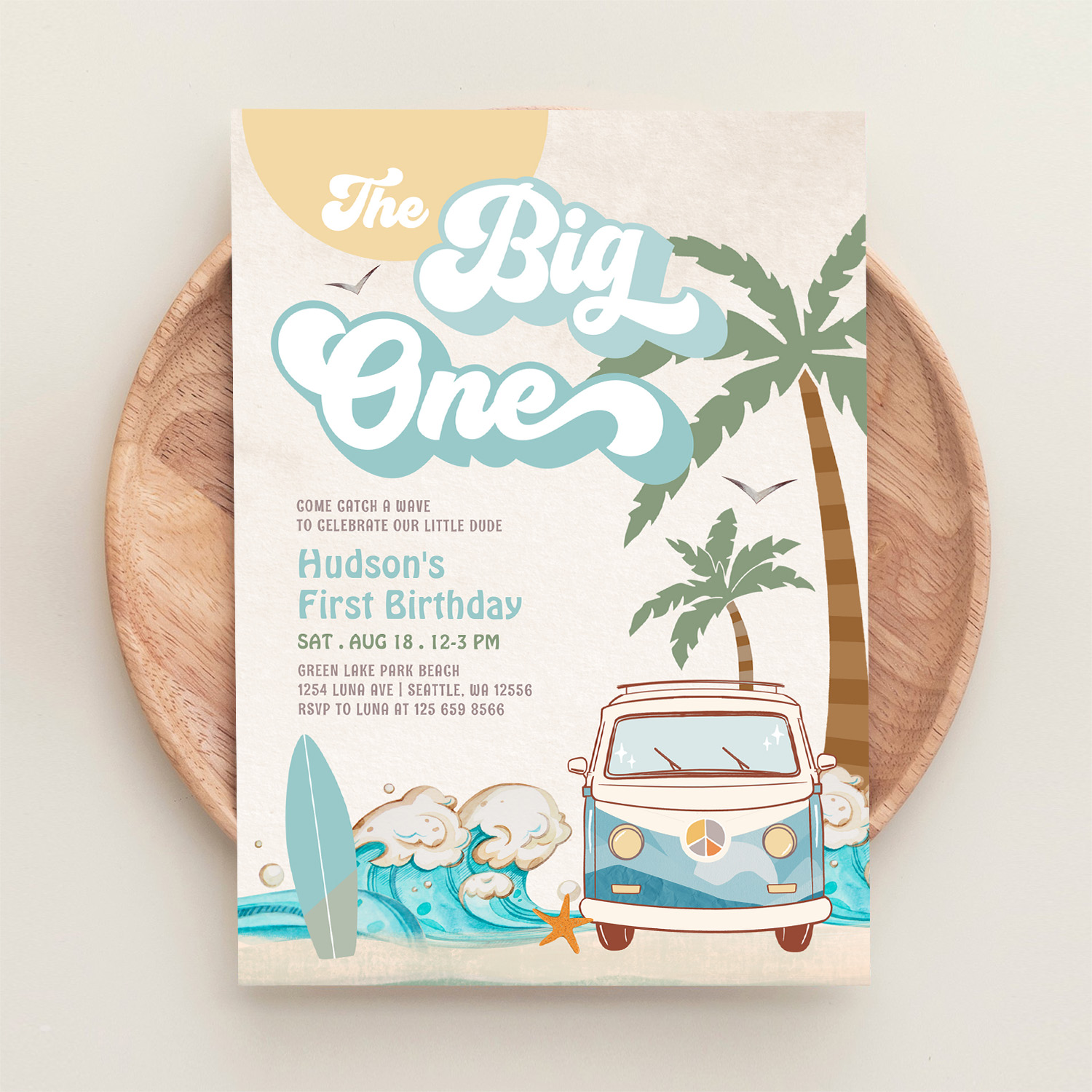 Retro Boy The Big One Surfing 1st Birthday Party Invitation - Image 7