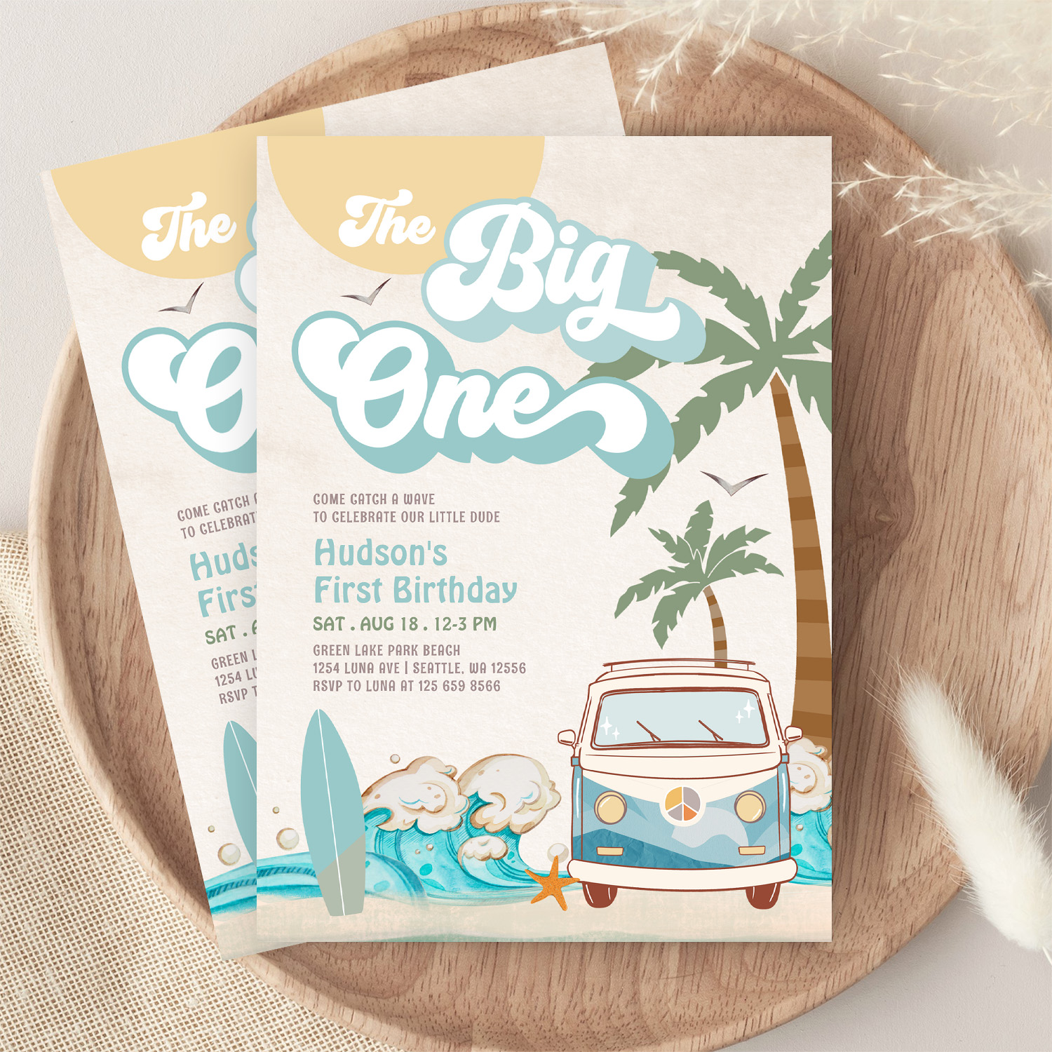 Retro Boy The Big One Surfing 1st Birthday Party Invitation - Image 9
