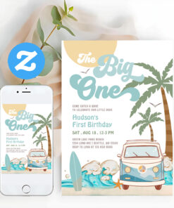 Retro Boy The Big One Surfing 1st Birthday Party Invitation