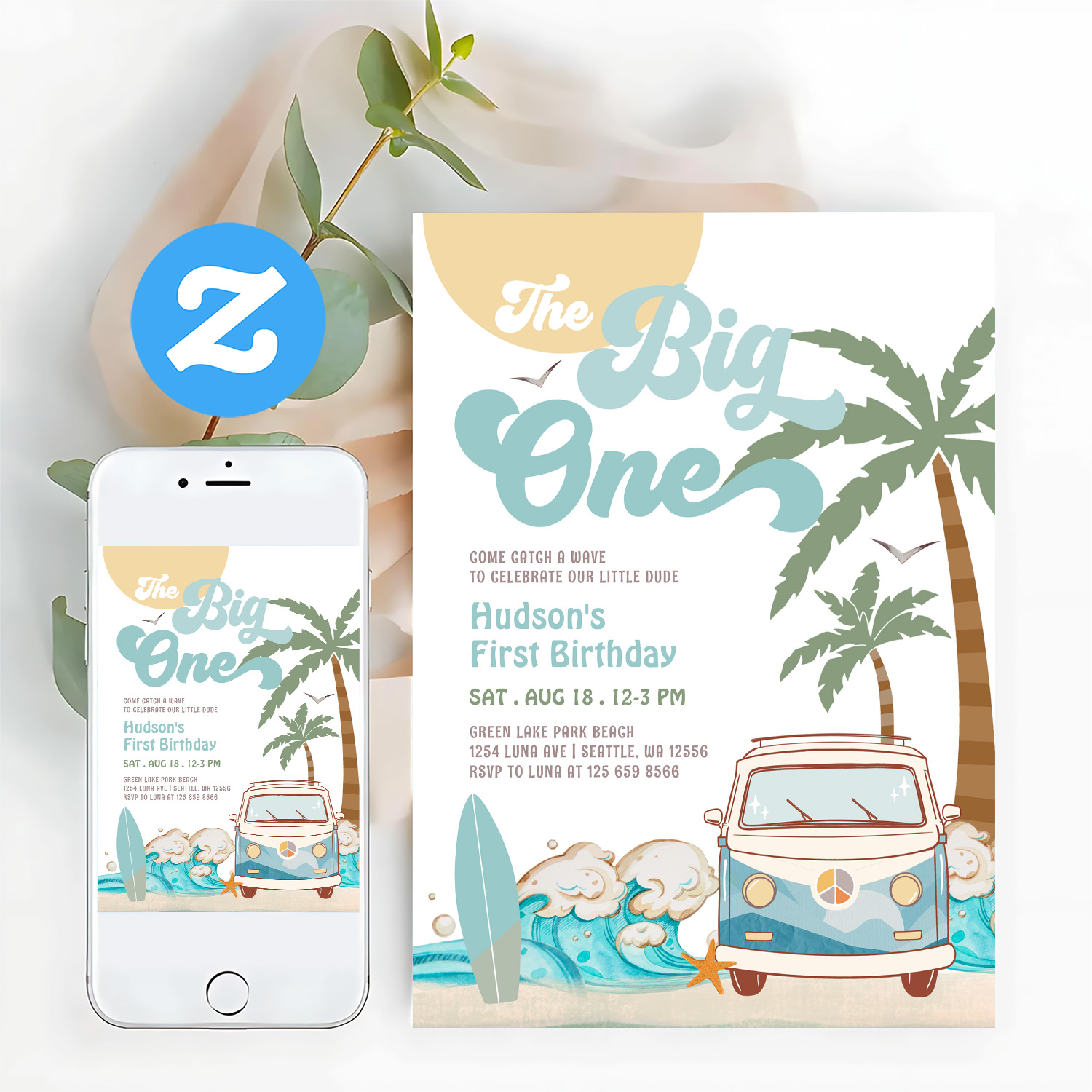 Retro Boy The Big One Surfing 1st Birthday Party Invitation