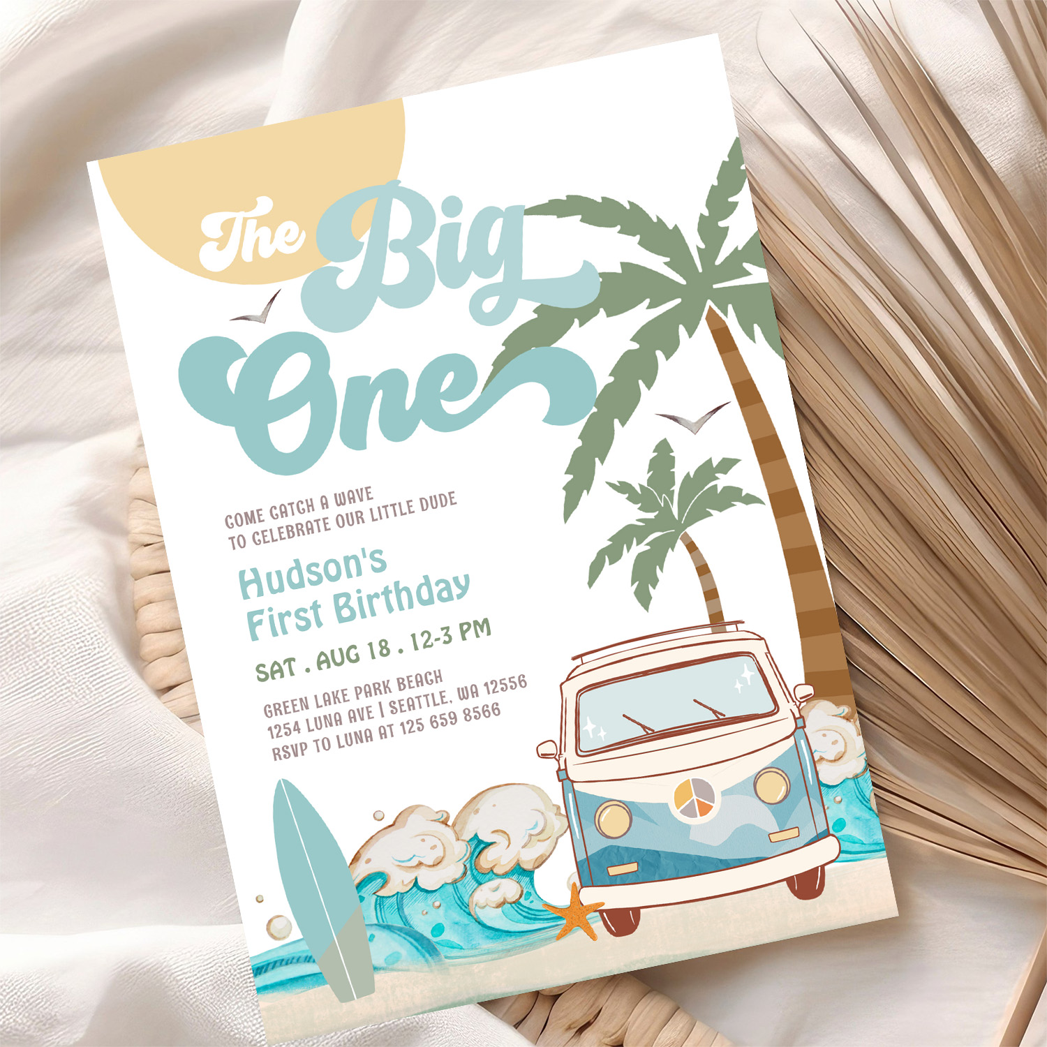 Retro Boy The Big One Surfing 1st Birthday Party Invitation - Image 10