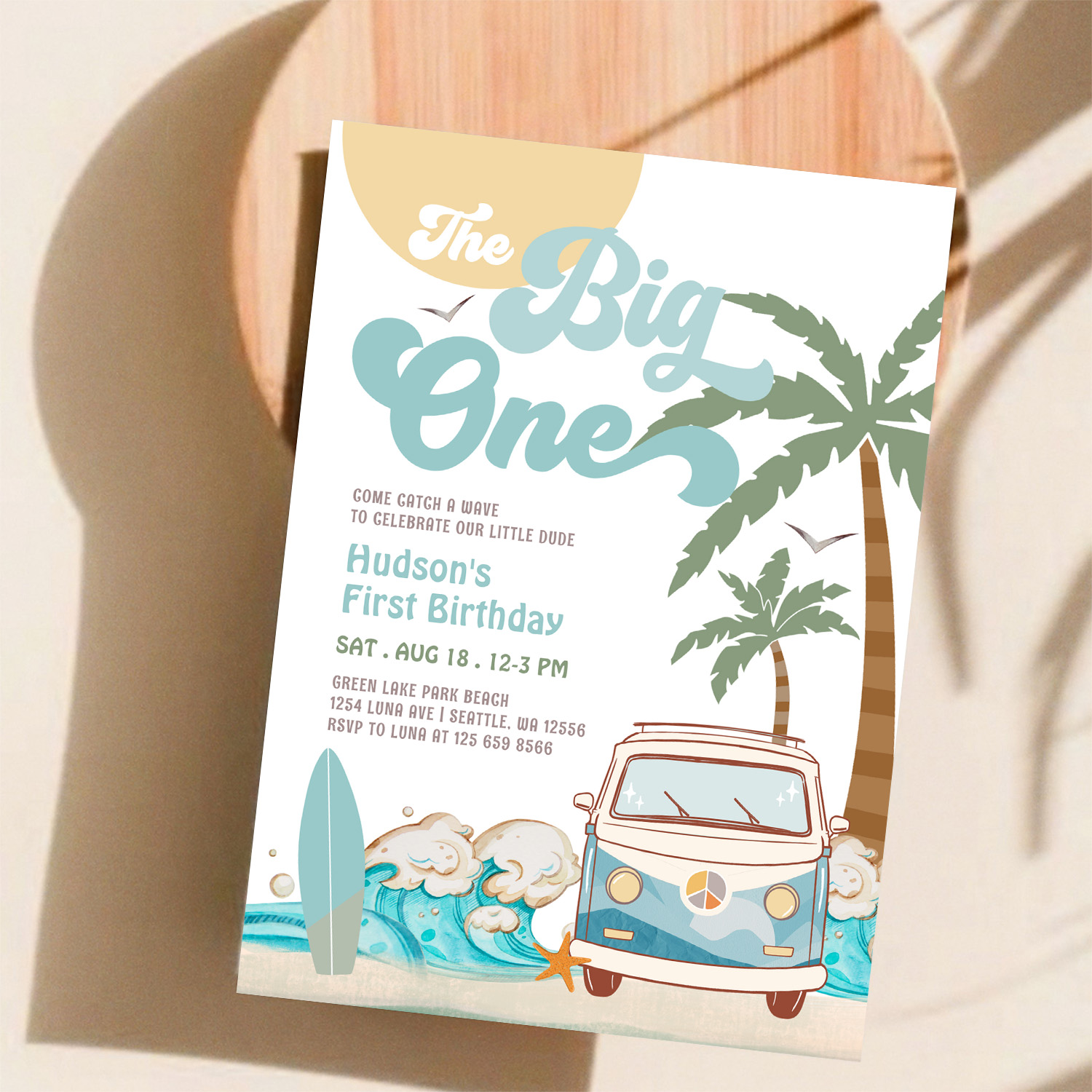 Retro Boy The Big One Surfing 1st Birthday Party Invitation - Image 11