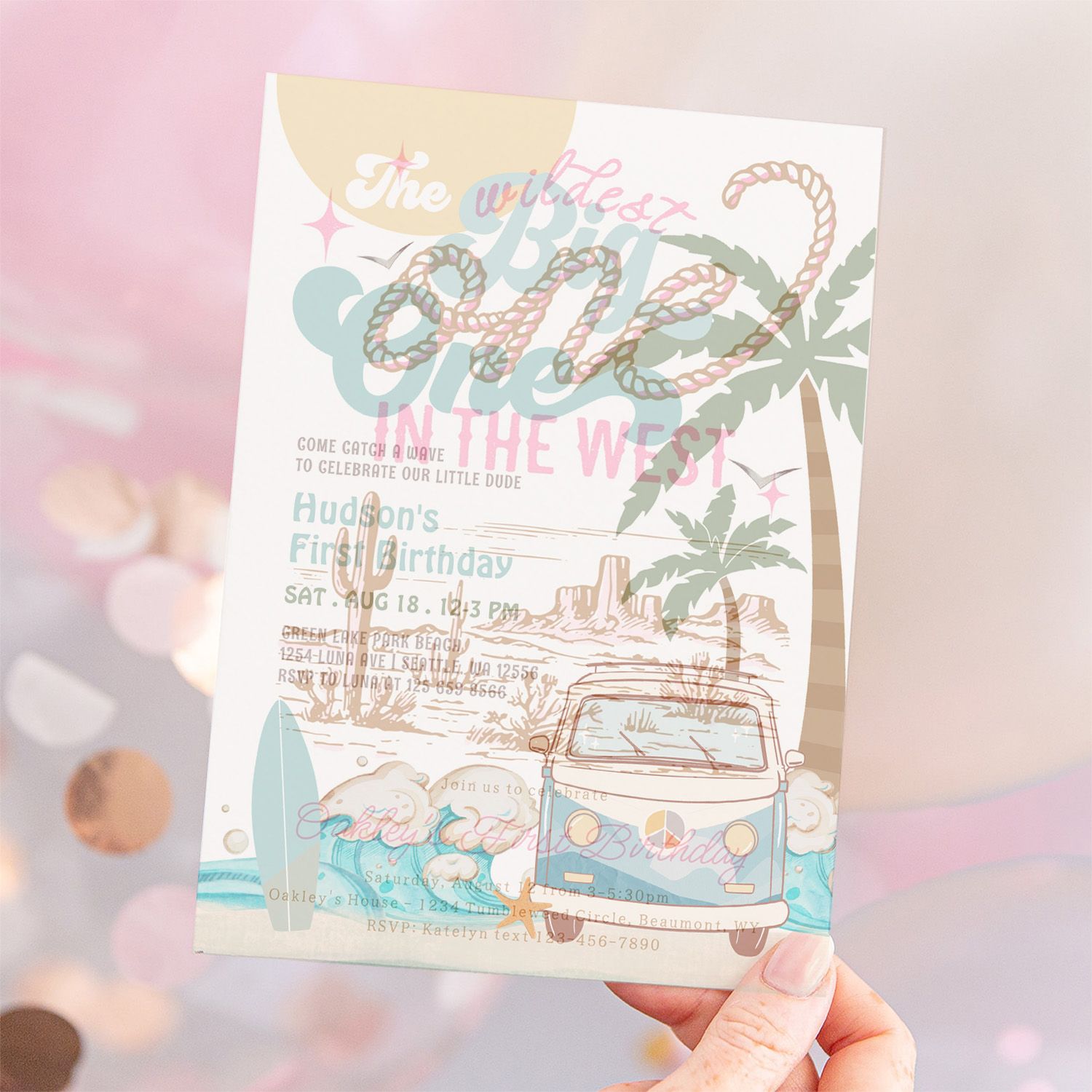 Retro Boy The Big One Surfing 1st Birthday Party Invitation - Image 12