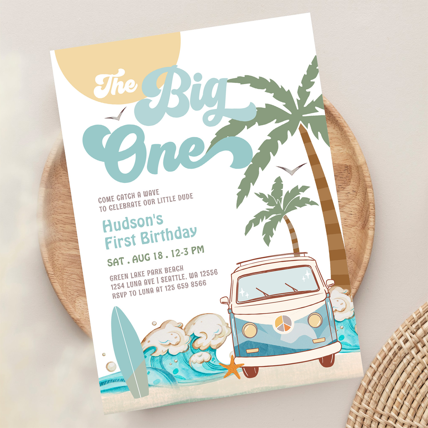 Retro Boy The Big One Surfing 1st Birthday Party Invitation - Image 13
