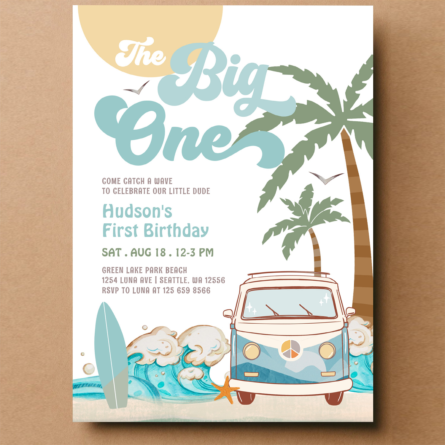 Retro Boy The Big One Surfing 1st Birthday Party Invitation - Image 14